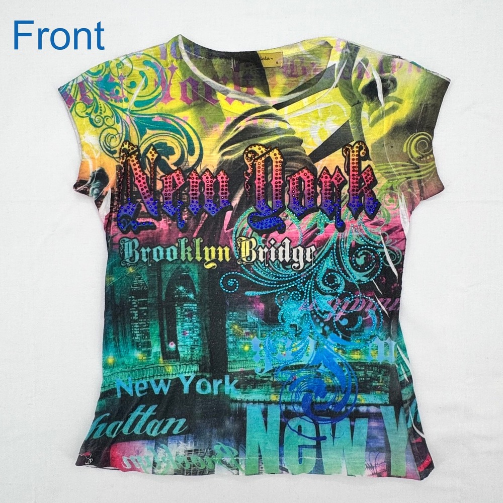 2000s Sweet Gisele Kids Medium New York Brooklyn Bridge Rhinestone Graphic Tee